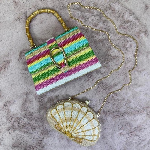 Isaac Mizrahi Handbags - Coastal Vacation Bag Bundle, Bamboo + Shell Clutch Set
